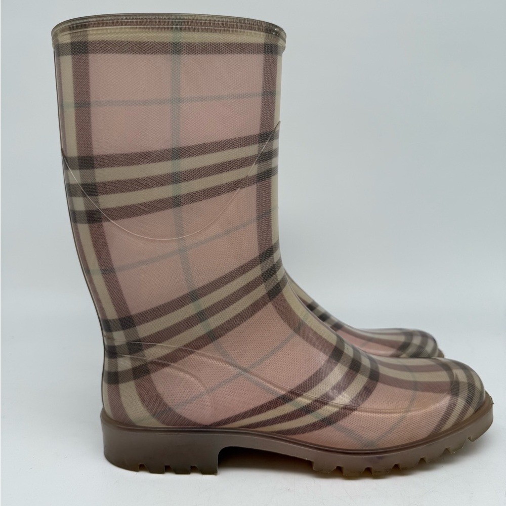 Burberry Pink Plaid Women's Rain Boots Size 38 Italy Mid-Calf Pull On Style Used